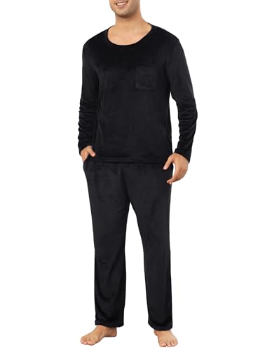 Vlazom Herren Schlafanzug Lang Flanell Pyjama Set Winter Wärmer Fleece Hausanzug Zweiteiliger Schlafanzug（XXL，Schwarz） von Vlazom