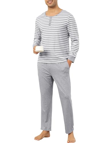 Vlazom Herren Schlafanzug Lange Baumwolle Knopfleiste Weich Gestreiftes Zweiteiliger Schlafanzug Nachtwäsche Loungewear Freizeitkleidung für Männer（L，Weißgraues Top + Hellgraue Hose） von Vlazom