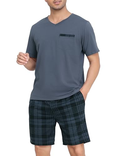 Vlazom Herren Sommer Schlafanzug Kurz Pyjama Set Baumwolle Zweiteiliger Hausanzug Kurzarm Freizeitanzug mit Brusttasche（L，Graues Oberteil + Schwarz-Grau Karierte Hose） von Vlazom