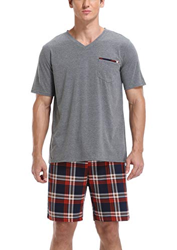 Vlazom Herren Sommer Schlafanzug Kurz Pyjama Set Baumwolle Zweiteiliger Hausanzug Kurzarm Freizeitanzug mit Brusttasche(L,Stil A-Grau) von Vlazom