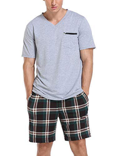 Vlazom Herren Sommer Schlafanzug Kurz Pyjama Set Baumwolle Zweiteiliger Hausanzug Kurzarm Freizeitanzug mit Brusttasche(L,Stil A-Hellgrau) von Vlazom