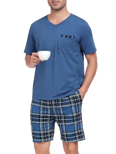 Vlazom Herren Sommer Schlafanzug Kurz Pyjama Set Baumwolle Zweiteiliger Hausanzug Kurzarm Freizeitanzug mit Brusttasche（S，Marineblaues Oberteil + Blau-Schwarz Karierte Hose） von Vlazom