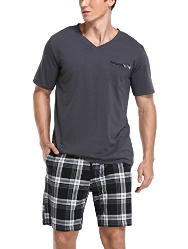 Vlazom Herren Sommer Schlafanzug Kurz Pyjama Set Baumwolle Zweiteiliger Hausanzug Kurzarm Freizeitanzug mit Brusttasche(S,Stil A-Metallgrau) von Vlazom