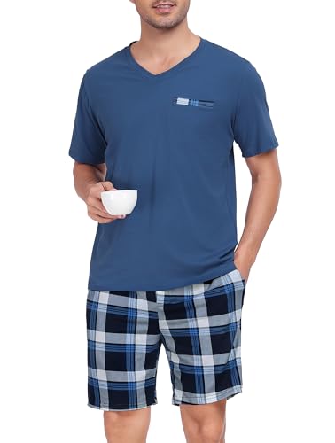 Vlazom Herren Sommer Schlafanzug Kurz Pyjama Set Baumwolle Zweiteiliger Hausanzug Kurzarm Freizeitanzug mit Brusttasche（XXL，Dunkelblaues Oberteil + Blau-Weiß Karierte Hose） von Vlazom