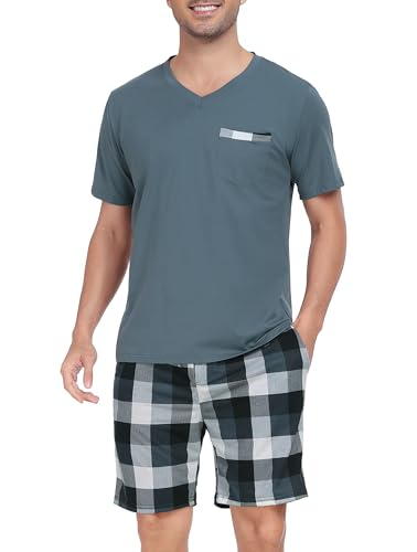 Vlazom Herren Sommer Schlafanzug Kurz Pyjama Set Baumwolle Zweiteiliger Hausanzug Kurzarm Freizeitanzug mit Brusttasche（XXL，Graublaues Oberteil + Grau-Blau-Weiß Karierte Hose） von Vlazom
