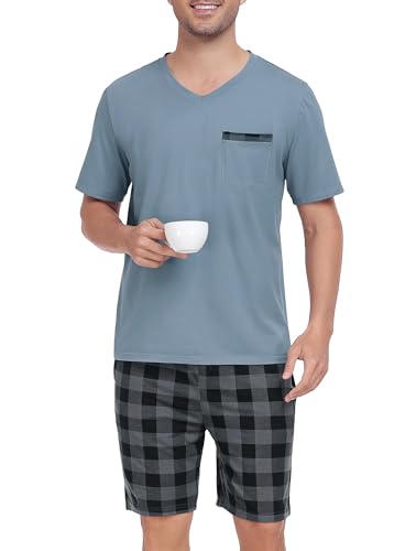 Vlazom Herren Sommer Schlafanzug Kurz Pyjama Set Baumwolle Zweiteiliger Hausanzug Kurzarm Freizeitanzug mit Brusttasche（XXL，Hellblaues Oberteil + Grau-Schwarz Karierte Hose） von Vlazom