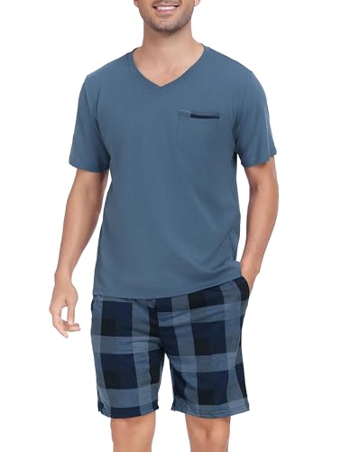 Vlazom Herren Sommer Schlafanzug Kurz Pyjama Set Baumwolle Zweiteiliger Hausanzug Kurzarm Freizeitanzug mit Brusttasche（XXL，Kobaltblaues Oberteil + Blau-Karierte Hose） von Vlazom