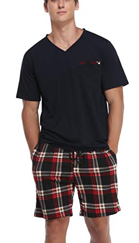 Vlazom Herren Sommer Schlafanzug Kurz Pyjama Set Baumwolle Zweiteiliger Hausanzug Kurzarm Freizeitanzug mit Brusttasche(XXL,Stil A-Dunkelblau) von Vlazom