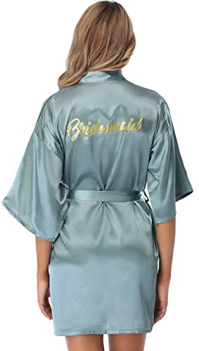 Vlazom Morgenmantel für Hochzeit Satin Kimono Badmantel für Braut&Brautjungfern V-Ausschnitt Damen Robe mit Gürtel(L,Grün für Brautjungfer) von Vlazom