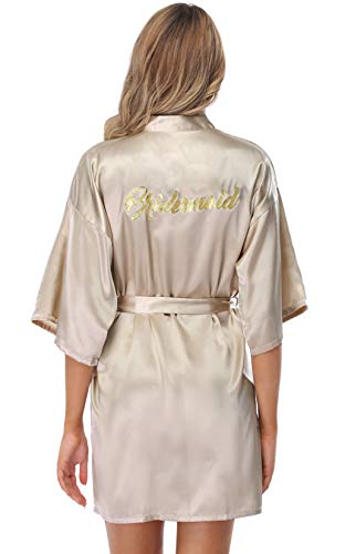 Vlazom Morgenmantel für Hochzeit Satin Kimono Badmantel für Braut&Brautjungfern V-Ausschnitt Damen Robe mit Gürtel(L,Silberner Champagner für Brautjungfer) von Vlazom