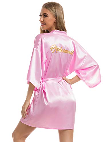 Vlazom Morgenmantel für Hochzeit Satin Kimono Badmantel für Braut&Brautjungfern V-Ausschnitt Damen Robe mit Gürtel(L,Rosa für Brautjungfer) von Vlazom