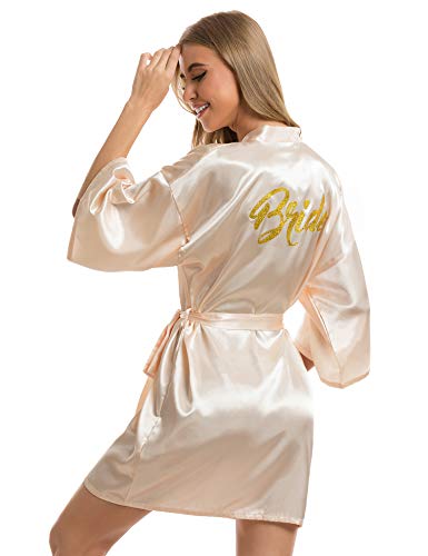 Vlazom Morgenmantel für Hochzeit Satin Kimono Badmantel für Braut&Brautjungfern V-Ausschnitt Damen Robe mit Gürtel(L,Champagner für Braut) von Vlazom