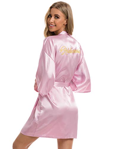 Vlazom Morgenmantel für Hochzeit Satin Kimono Badmantel für Braut&Brautjungfern V-Ausschnitt Damen Robe mit Gürtel(M,Dunkelrosa für Brautjungfer) von Vlazom