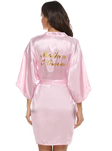 Vlazom Morgenmantel für Hochzeit Satin Kimono Badmantel für Braut&Brautjungfern V-Ausschnitt Damen Robe mit Gürtel(XXL,Hellrosa für Bräutigammutter) von Vlazom