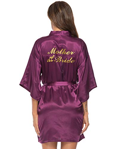 Vlazom Morgenmantel für Hochzeit Satin Kimono Badmantel für Braut&Brautjungfern V-Ausschnitt Damen Robe mit Gürtel(XXL,Violett für Brautmutter) von Vlazom