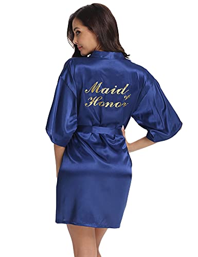 Vlazom Morgenmantel für Hochzeit Satin Kimono Badmantel für Braut&Brautjungfern V-Ausschnitt Damen Robe mit Gürtel(M,Dunkelblau für Maid of Honor) von Vlazom