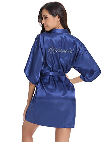 Vlazom Morgenmantel für Hochzeit Satin Kimono Badmantel für Braut&Brautjungfern V-Ausschnitt Damen Robe mit Gürtel(L,Dunkelblau für Brautjungfer im Strass) von Vlazom