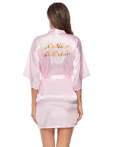 Vlazom Morgenmantel für Hochzeit Satin Kimono Badmantel für Braut&Brautjungfern V-Ausschnitt Damen Robe mit Gürtel(L,Hellrosa für Brautmutter) von Vlazom