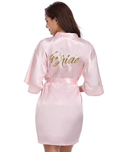 Vlazom Morgenmantel für Hochzeit Satin Kimono Badmantel für Braut&Brautjungfern V-Ausschnitt Damen Robe mit Gürtel(L,Hellrosa für Braut) von Vlazom