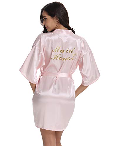 Vlazom Morgenmantel für Hochzeit Satin Kimono Badmantel für Braut&Brautjungfern V-Ausschnitt Damen Robe mit Gürtel(L,Hellrosa für Maid of Honor) von Vlazom