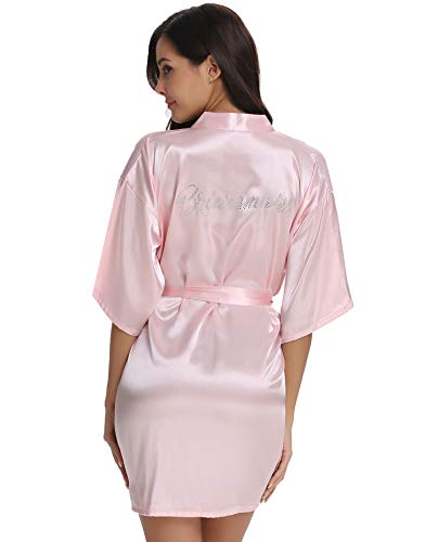 Vlazom Morgenmantel für Hochzeit Satin Kimono Badmantel für Braut&Brautjungfern V-Ausschnitt Damen Robe mit Gürtel(M,Hellrosa für Brautjungfer im Strass) von Vlazom