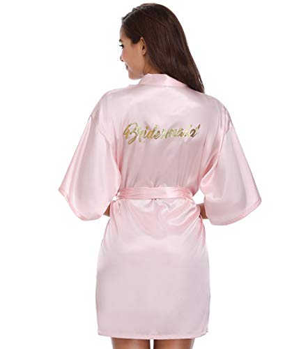 Vlazom Morgenmantel für Hochzeit Satin Kimono Badmantel für Braut&Brautjungfern V-Ausschnitt Damen Robe mit Gürtel(L,Hellrosa für Brautjungfer) von Vlazom