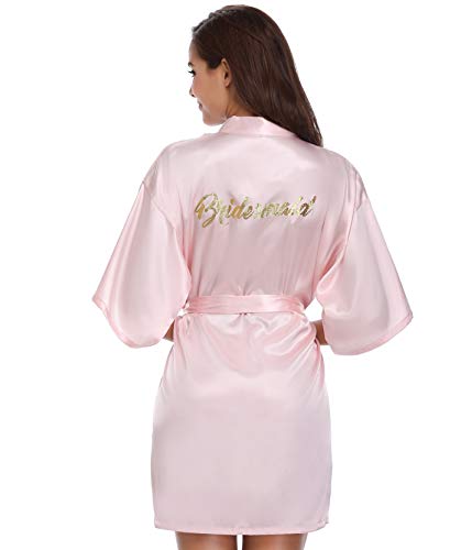 Vlazom Hochzeits Morgenmantel Satin Kimono Robe Kurz Braut Nachtwäsche Sleepwear V Ausschnitt mit Gürtel für Braut Brautjungfern Hochzeit Party, Pink For Bridesmaid, S von Vlazom