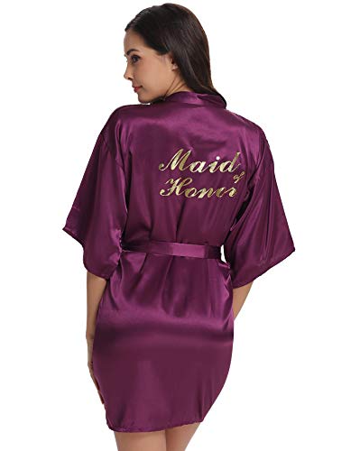 Vlazom Morgenmantel für Hochzeit Satin Kimono Badmantel für Braut&Brautjungfern V-Ausschnitt Damen Robe mit Gürtel(L,Violett für Maid of Honor) von Vlazom