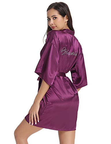 Vlazom Morgenmantel für Hochzeit Satin Kimono Badmantel für Braut&Brautjungfern V-Ausschnitt Damen Robe mit Gürtel(L,Violett für Brautjungfer im Strass) von Vlazom