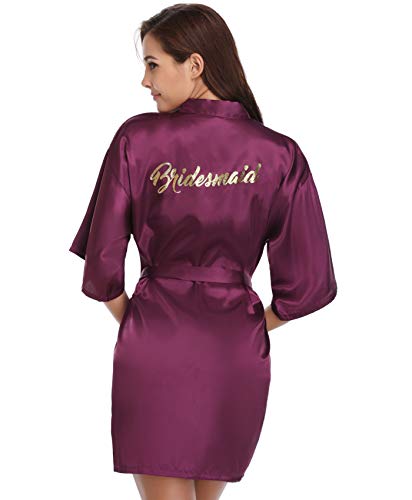 Vlazom Morgenmantel für Hochzeit Satin Kimono Badmantel für Braut&Brautjungfern V-Ausschnitt Damen Robe mit Gürtel(M,Violett für Brautjungfer) von Vlazom