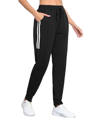 Vlazom Jogginghose Damen Lang Baumwolle Sporthose Freizeithose Trainingshose mit Taschen High Waist Sweatpants mit Streifen（L，Schwarz） von Vlazom