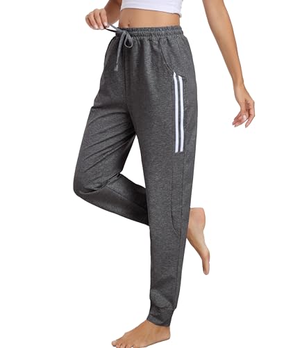 Vlazom Jogginghose Damen Lang Baumwolle Sporthose Freizeithose Trainingshose mit Taschen High Waist Sweatpants mit Streifen（M，Dunkelgrau） von Vlazom