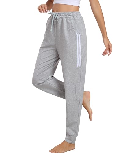 Vlazom Jogginghose Damen Lang Baumwolle Sporthose Freizeithose Trainingshose mit Taschen High Waist Sweatpants mit Streifen（M，Grau） von Vlazom
