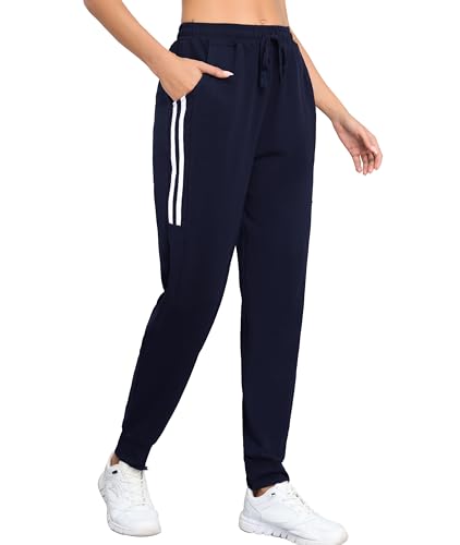 Vlazom Jogginghose Damen Lang Baumwolle Sporthose Freizeithose Trainingshose mit Taschen High Waist Sweatpants mit Streifen（XL，Marineblau） von Vlazom