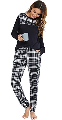 Vlazom Kariertes Pyjama Set Lang Schlafanzug Zweiteiliger Damen Schlafanzug Winter Pyjama mit Rundausschnitt Langarm Pyjama Set(M,Stil 1-Marineblau) von Vlazom