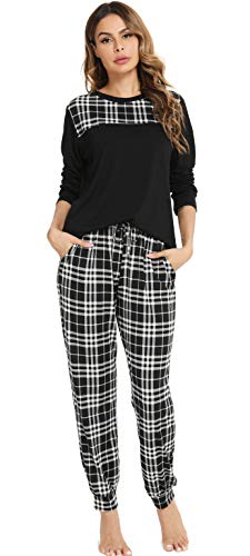 Vlazom Kariertes Pyjama Set Lang Schlafanzug Zweiteiliger Damen Schlafanzug Winter Pyjama mit Rundausschnitt Langarm Pyjama Set(S,Stil 1-Schwarz) von Vlazom