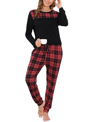 Vlazom Kariertes Pyjama Set Lang Schlafanzug Zweiteiliger Damen Schlafanzug Winter Pyjama mit Rundausschnitt Langarm Pyjama Set（XXL，Stil 1-Schwarz Top + Schwarz und rot Karierte Hose） von Vlazom