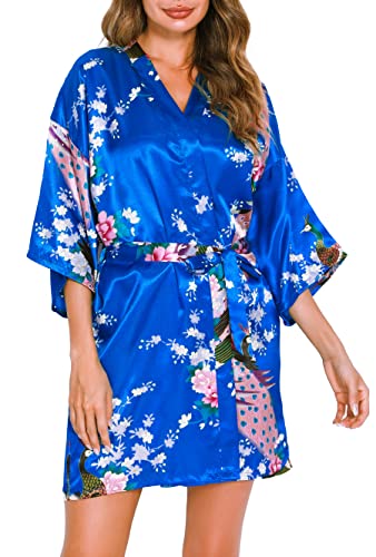 Vlazom Kimono Satin Robe Morgenmantel Kurz V-Ausschnitt Bademantel mit Gürtel Kimono Robe für Damen(L,Marineblau) von Vlazom