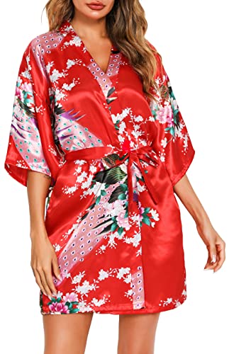 Vlazom Kimono Satin Robe Morgenmantel Kurz V-Ausschnitt Bademantel mit Gürtel Kimono Robe für Damen(L,Wassermelonerot) von Vlazom