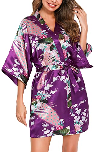 Vlazom Kimono Satin Robe Morgenmantel Kurz V-Ausschnitt Bademantel mit Gürtel Kimono Robe für Damen(M,Violett) von Vlazom