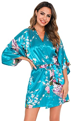 Vlazom Kimono Satin Robe Morgenmantel Kurz V-Ausschnitt Bademantel mit Gürtel Kimono Robe für Damen(S,Seeblau) von Vlazom