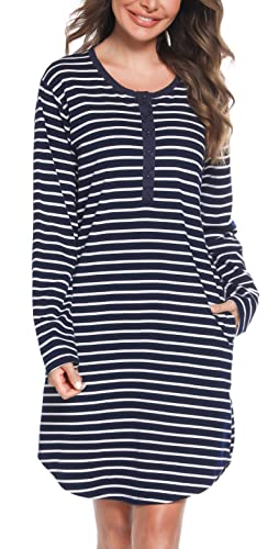 Vlazom Langarm Nachthemd V-Ausschnitt Schlafkleid Baumwolle Streifen Schlafhemd mit Knöpfe und Taschen(L,Marineblau von Vlazom