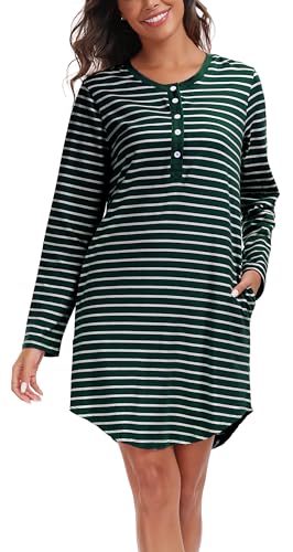 Vlazom Langarm Nachthemd V-Ausschnitt Schlafkleid Baumwolle Streifen Schlafhemd mit Knöpfe und Taschen(M,Dunkelgrün) von Vlazom