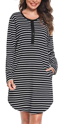 Vlazom Langarm Nachthemd V-Ausschnitt Schlafkleid Baumwolle Streifen Schlafhemd mit Knöpfe und Taschen(M,Schwarz von Vlazom