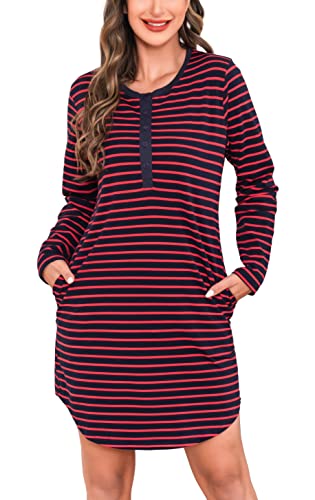 Vlazom Langarm Nachthemd V-Ausschnitt Schlafkleid Baumwolle Streifen Schlafhemd mit Knöpfe und Taschen(XXL,Marineblau+Rot Vlazom Langarm Nachthemd V-Ausschnitt Schlafkleid Baumwolle Streifen Schlafhemd mit Knöpfe und Taschen(XXL,Marineblau+Rot von Vlazom