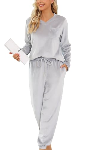 Vlazom Langarm Schlafanzug Flanell Pyjama Set Winter Hausanzug Lang Zweiteiliger Schlafanzug（L，Grauweiß） von Vlazom