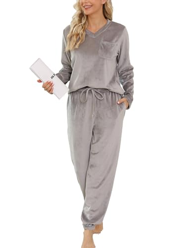 Vlazom Langarm Schlafanzug Flanell Pyjama Set Winter Hausanzug Lang Zweiteiliger Schlafanzug(L,Hellgrau) von Vlazom