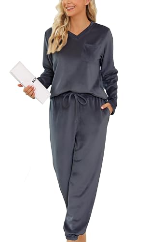 Vlazom Langarm Schlafanzug Flanell Pyjama Set Winter Hausanzug Lang Zweiteiliger Schlafanzug（M，Dunkelgrau） von Vlazom