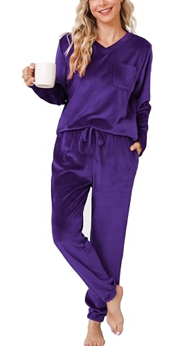 Vlazom Langarm Schlafanzug Flanell Pyjama Set Winter Hausanzug Lang Zweiteiliger Schlafanzug（M，Lila） von Vlazom
