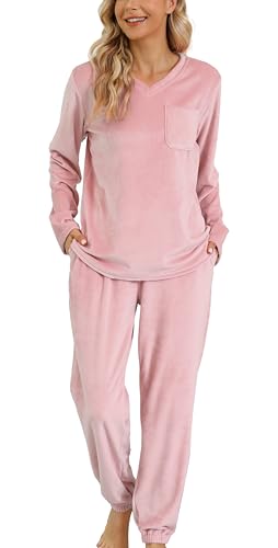 Vlazom Langarm Schlafanzug Flanell Pyjama Set Winter Hausanzug Lang Zweiteiliger Schlafanzug（S，Hellrosa） von Vlazom